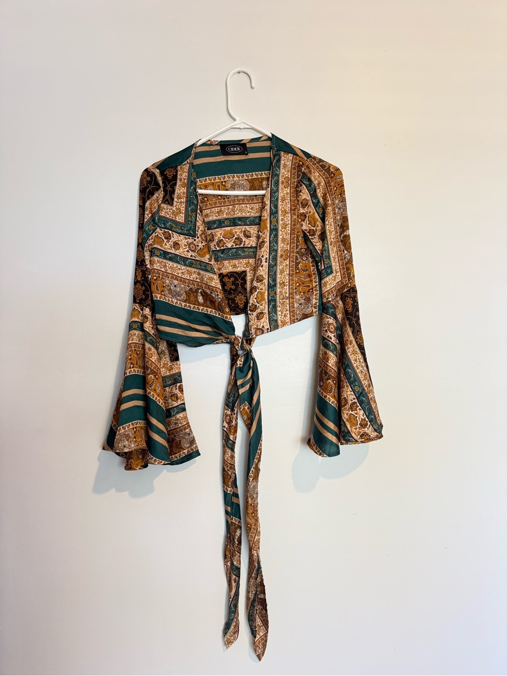 Cider Crop Tie-Front Blouse in Teal and Brown - Chic Patterned Women's Top